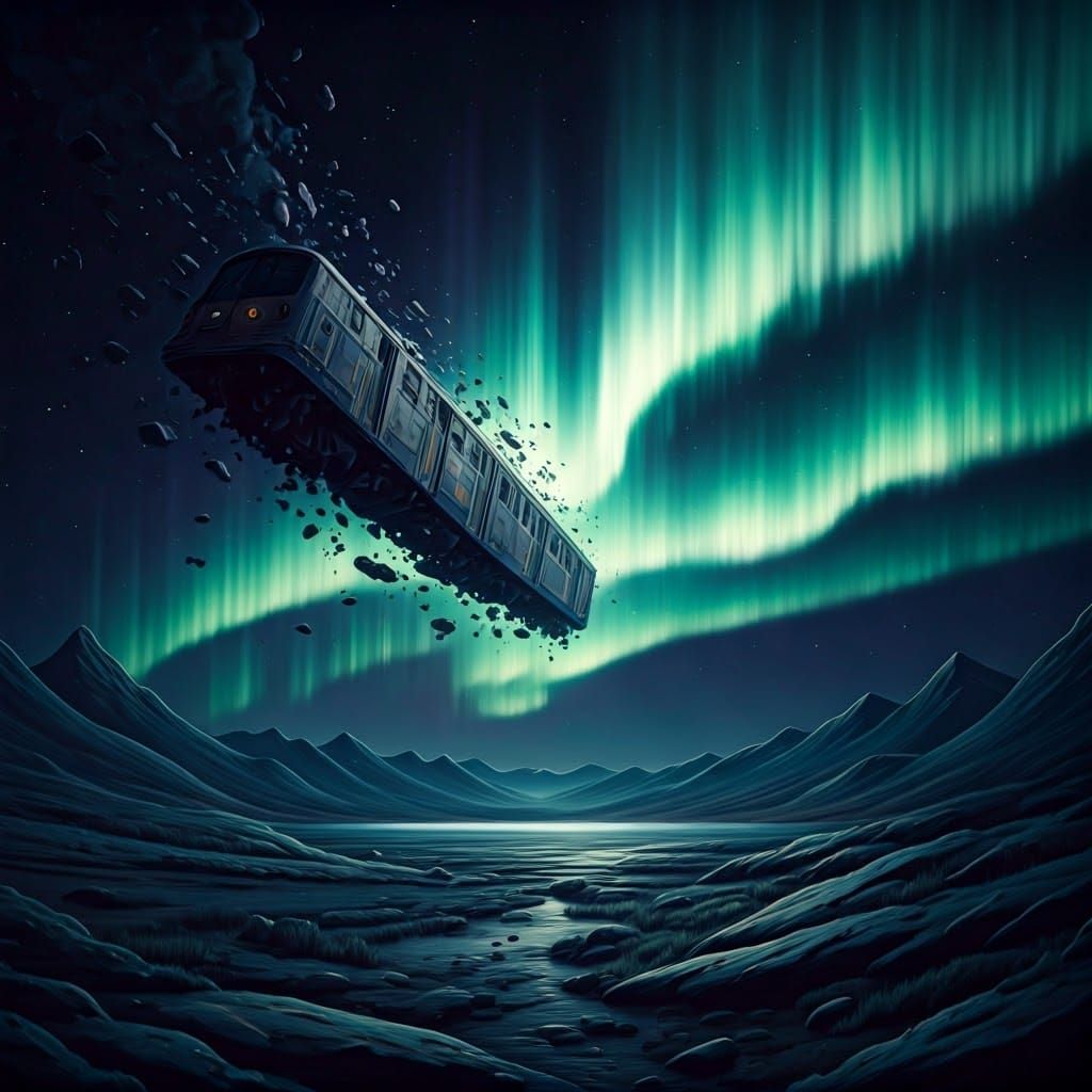 Train Dissolving into Stardust Under Northern Lights