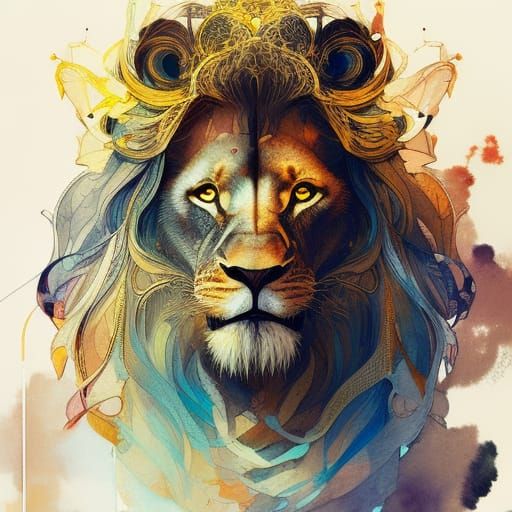 Majestic Lion Portrait in Digital Splash Art