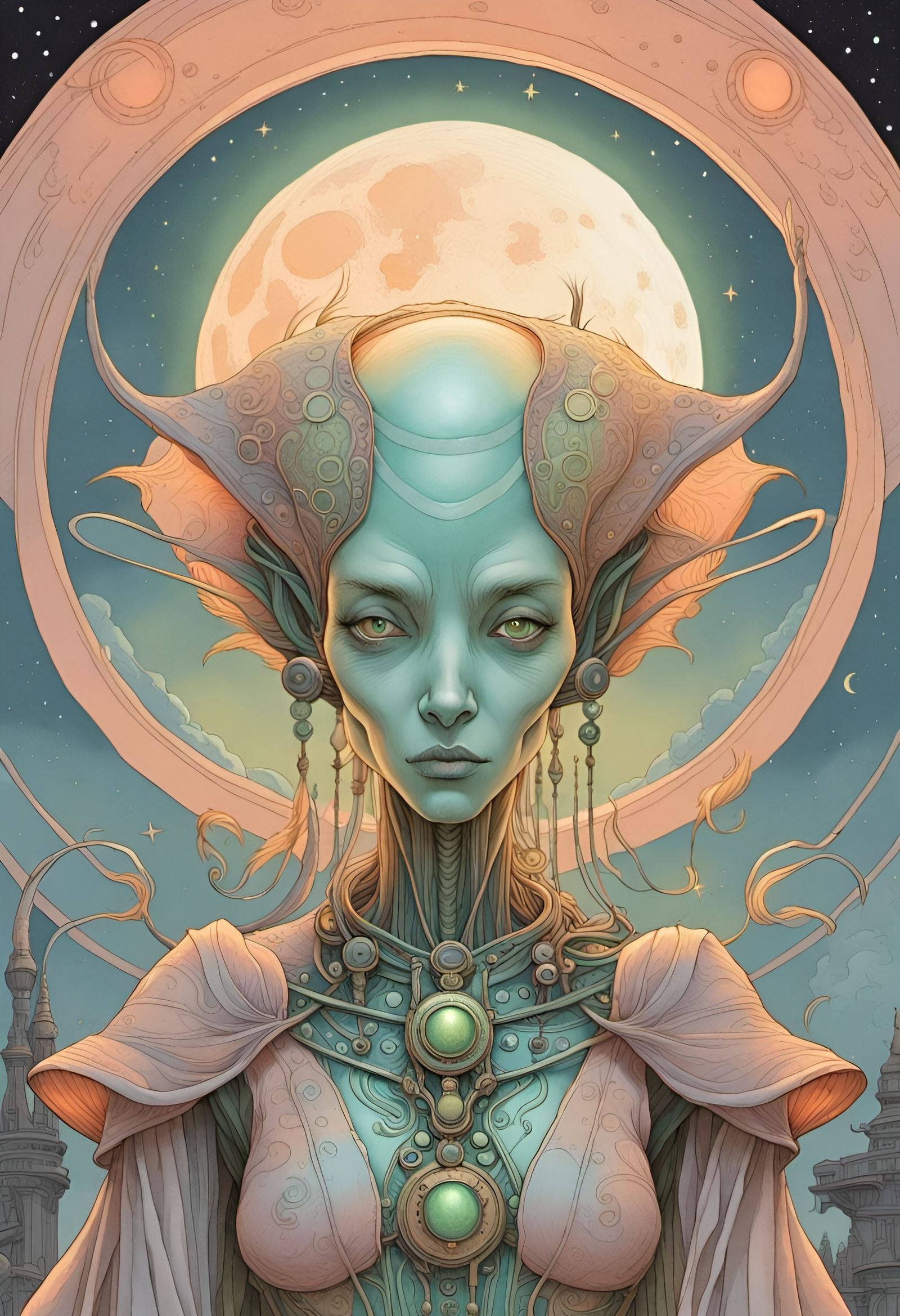 Alien Oracle in Pastel Style, Detailed Fine Art