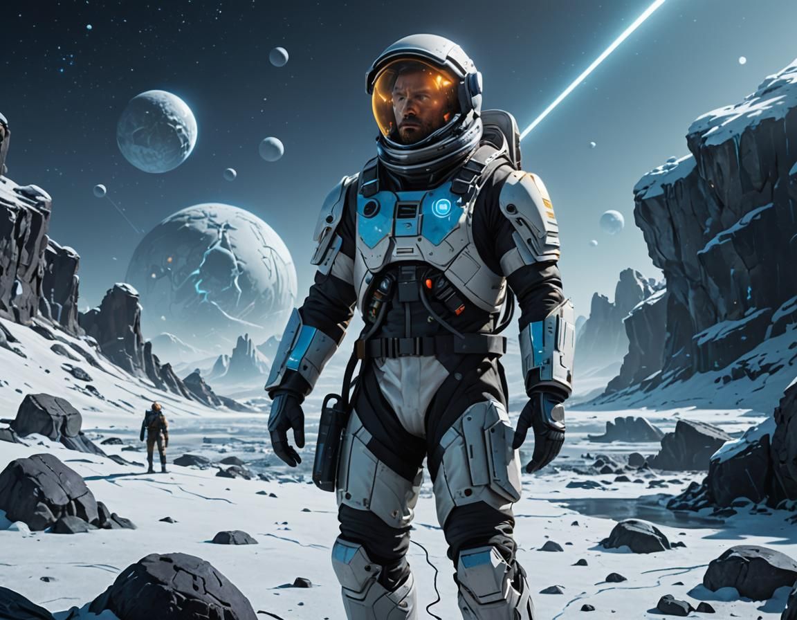 Pluto Colonist in Icy Sci-Fi Landscape