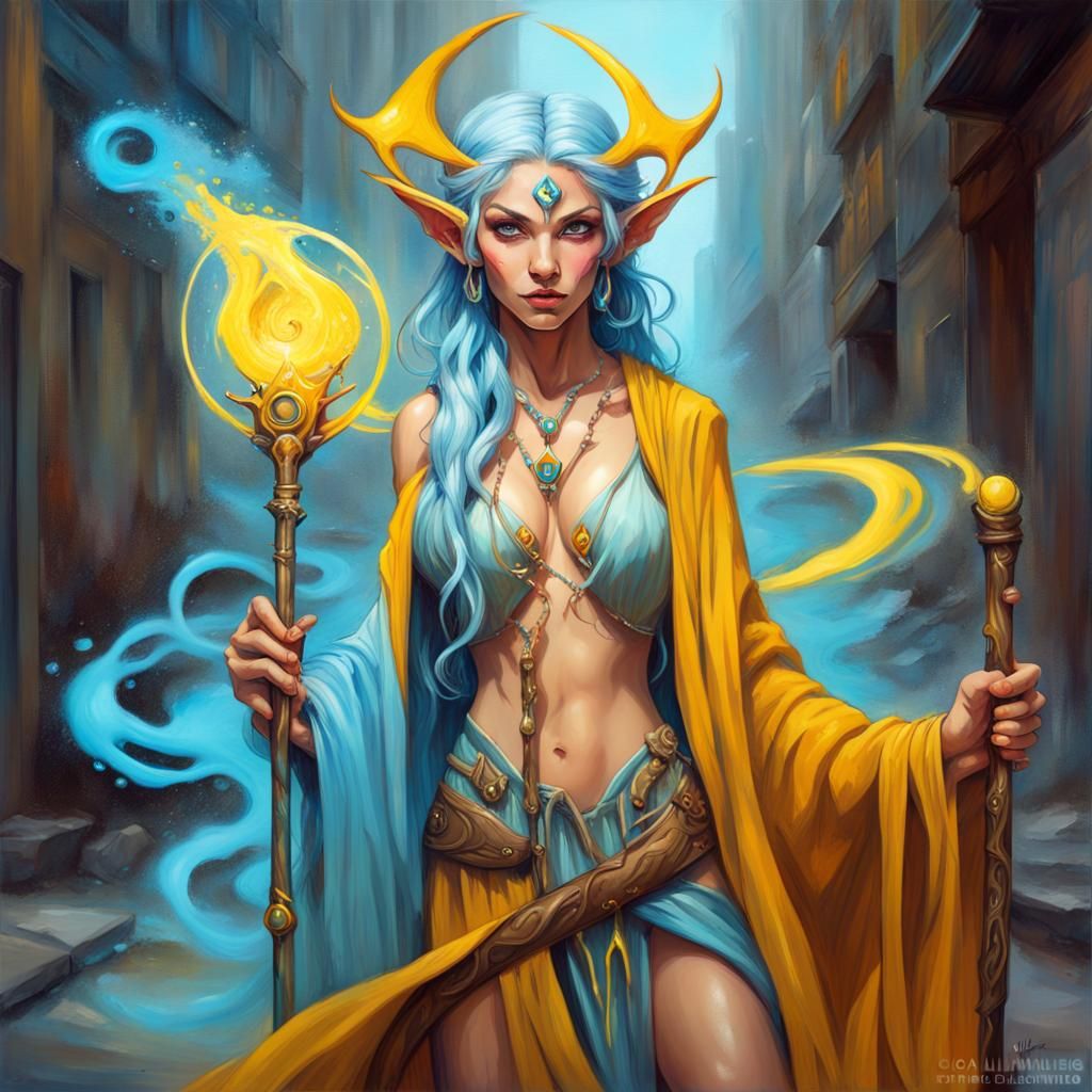 Beautiful Elf Sorceress with Glowing Staff in Graffiti Art