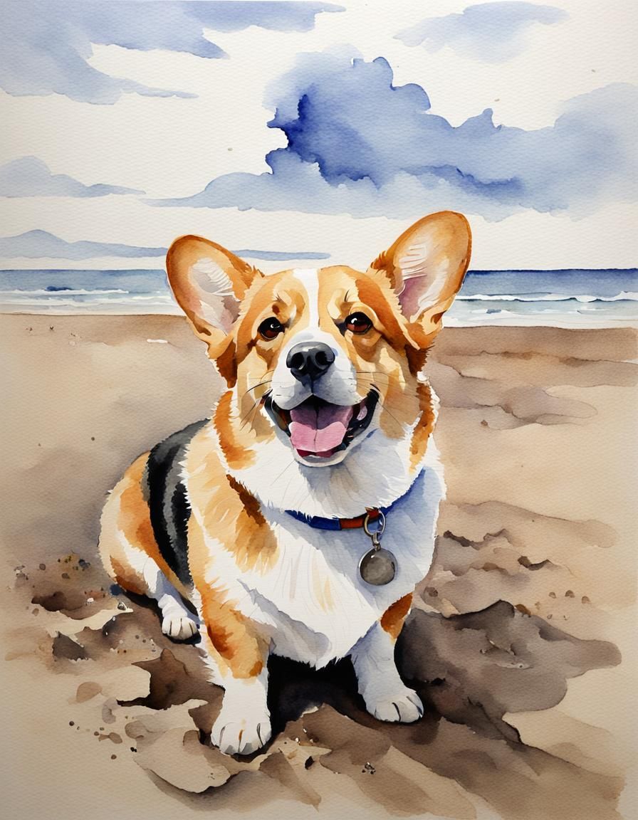 Corgi on Sandy Beach in Watercolor Style