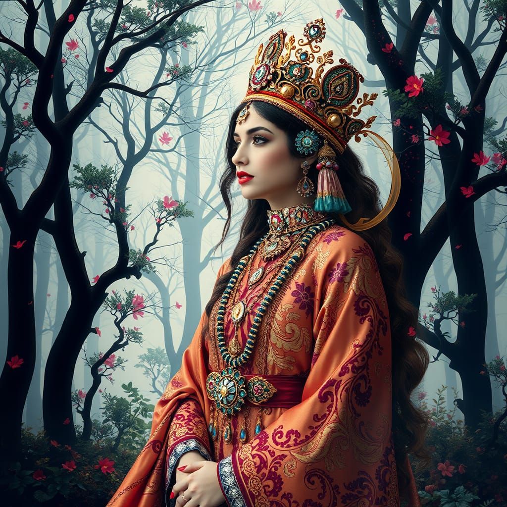 Majestic Persian Princess in Whimsical Forest Scene