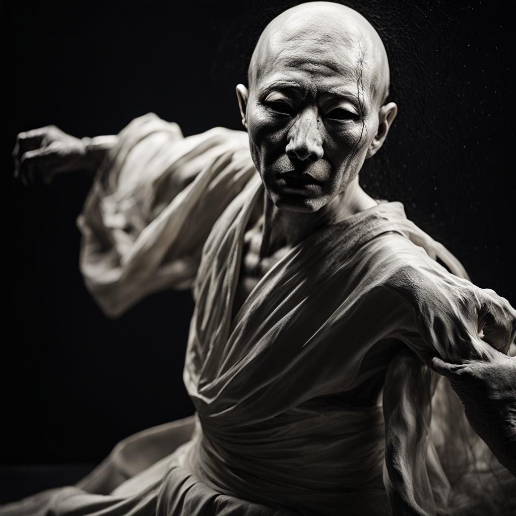 Eerie Porcelain Butoh Dancer with Black Ink Eyes