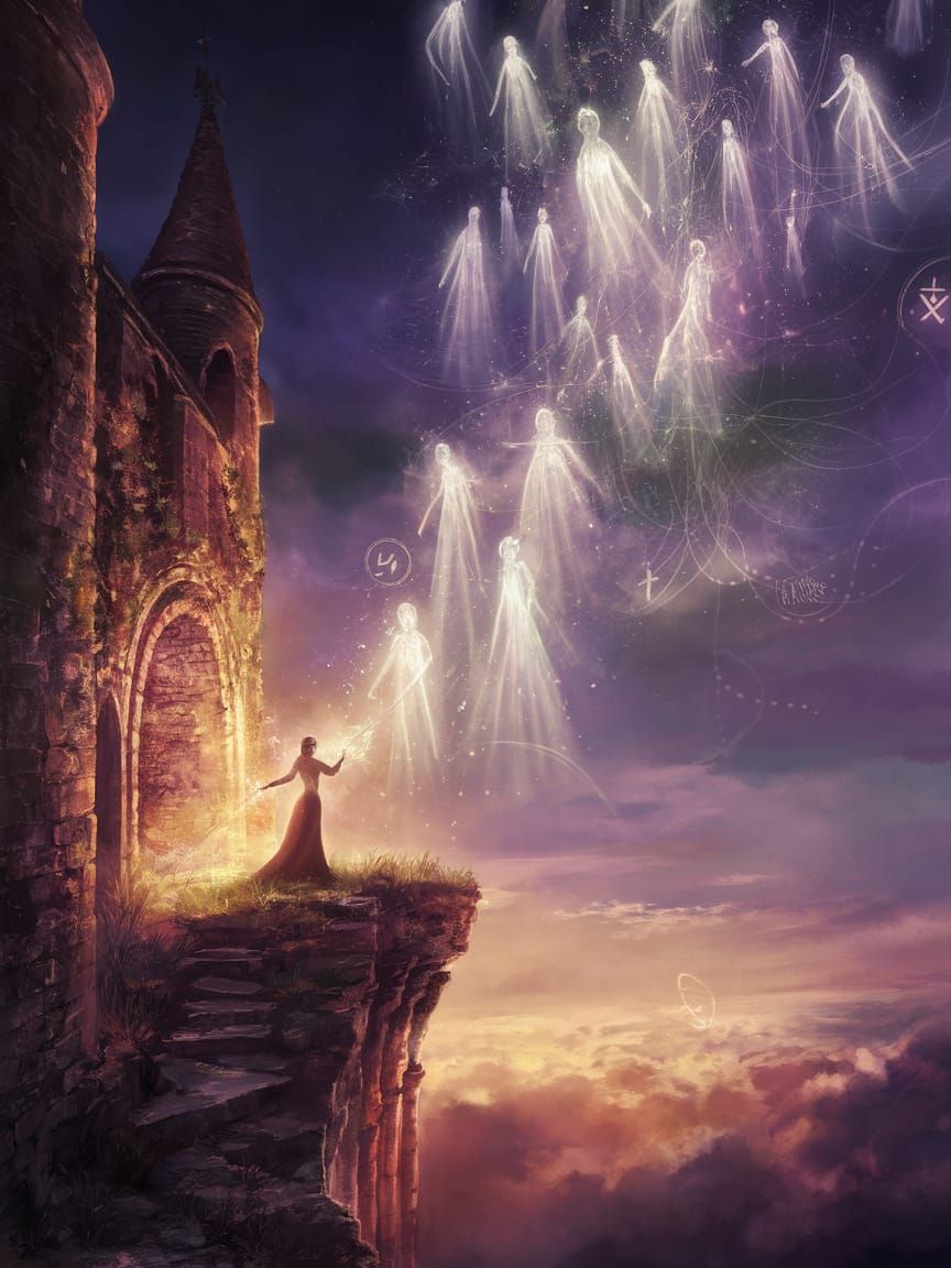 Sorceress Casts Spell in Golden Light Amid Ancient Ruins