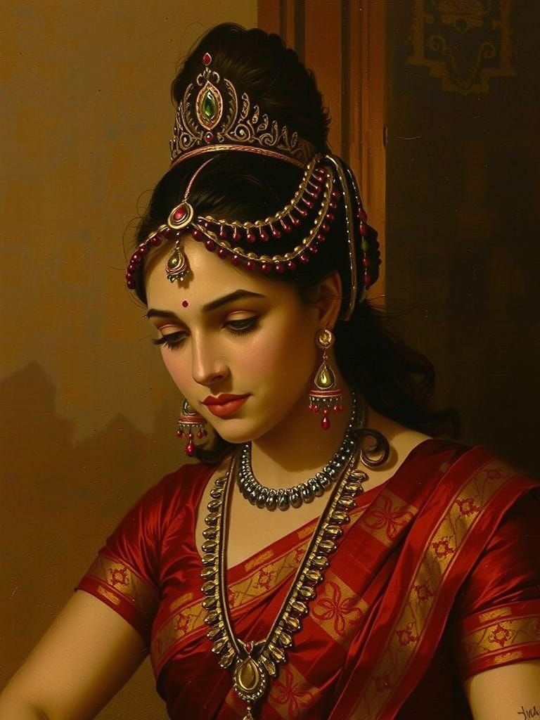 Regal Indian Woman in Silk Saree, Classical Painting Style