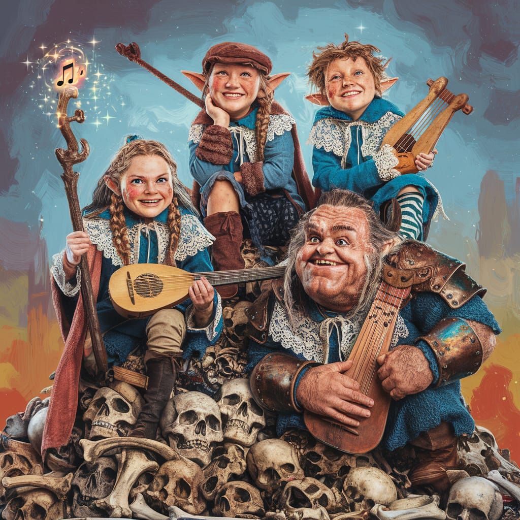 Album Art: Mischievous Bards in Futuristic Village