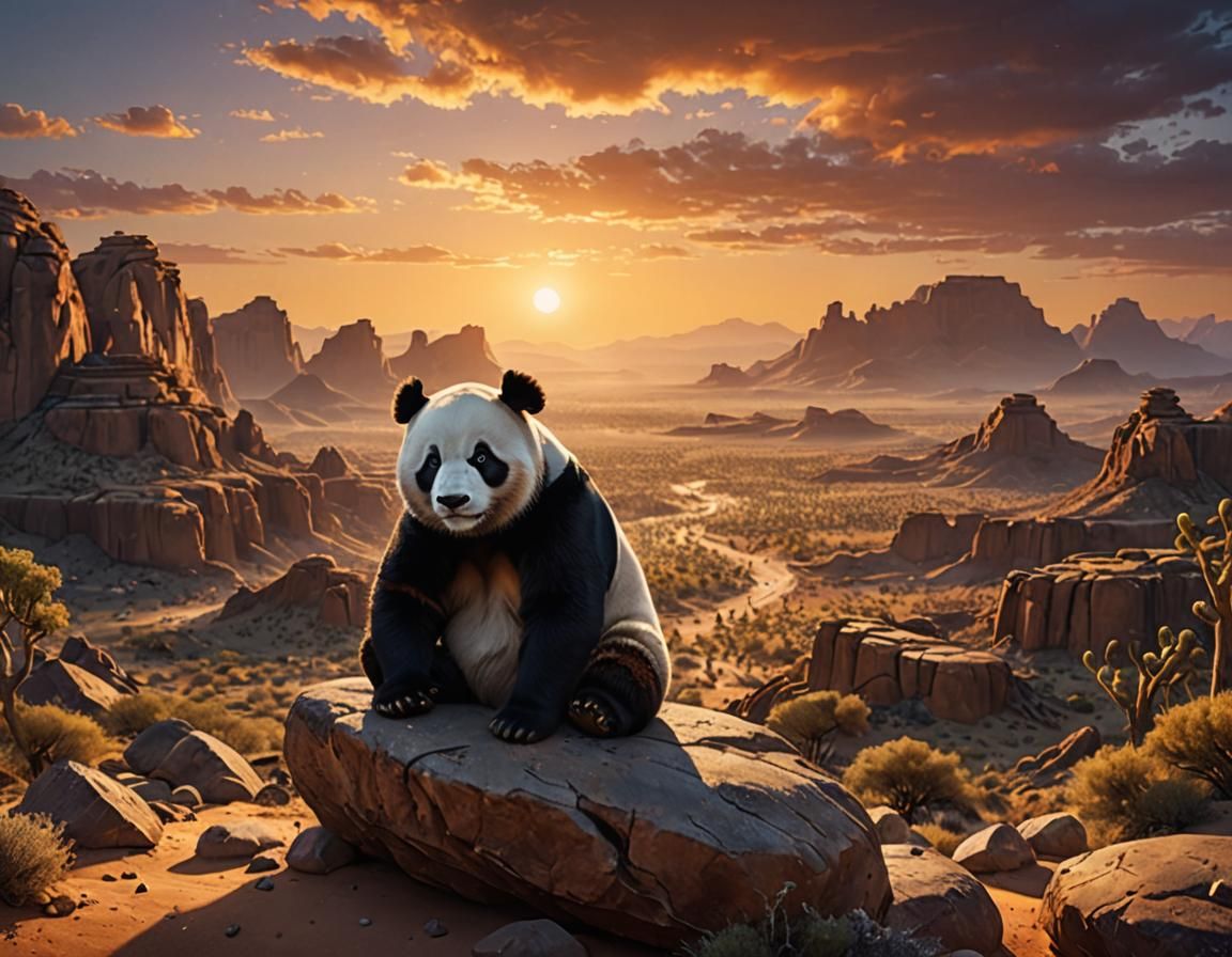 A Grumpy panda sitting on a rock, stunning desert sunset. sofocated. Endless landscape view.