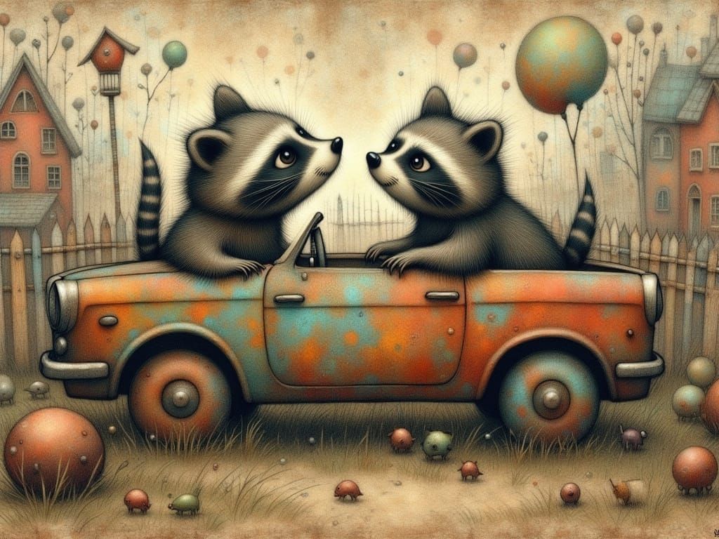 Whimsical Raccoons at Play in a Vintage Car