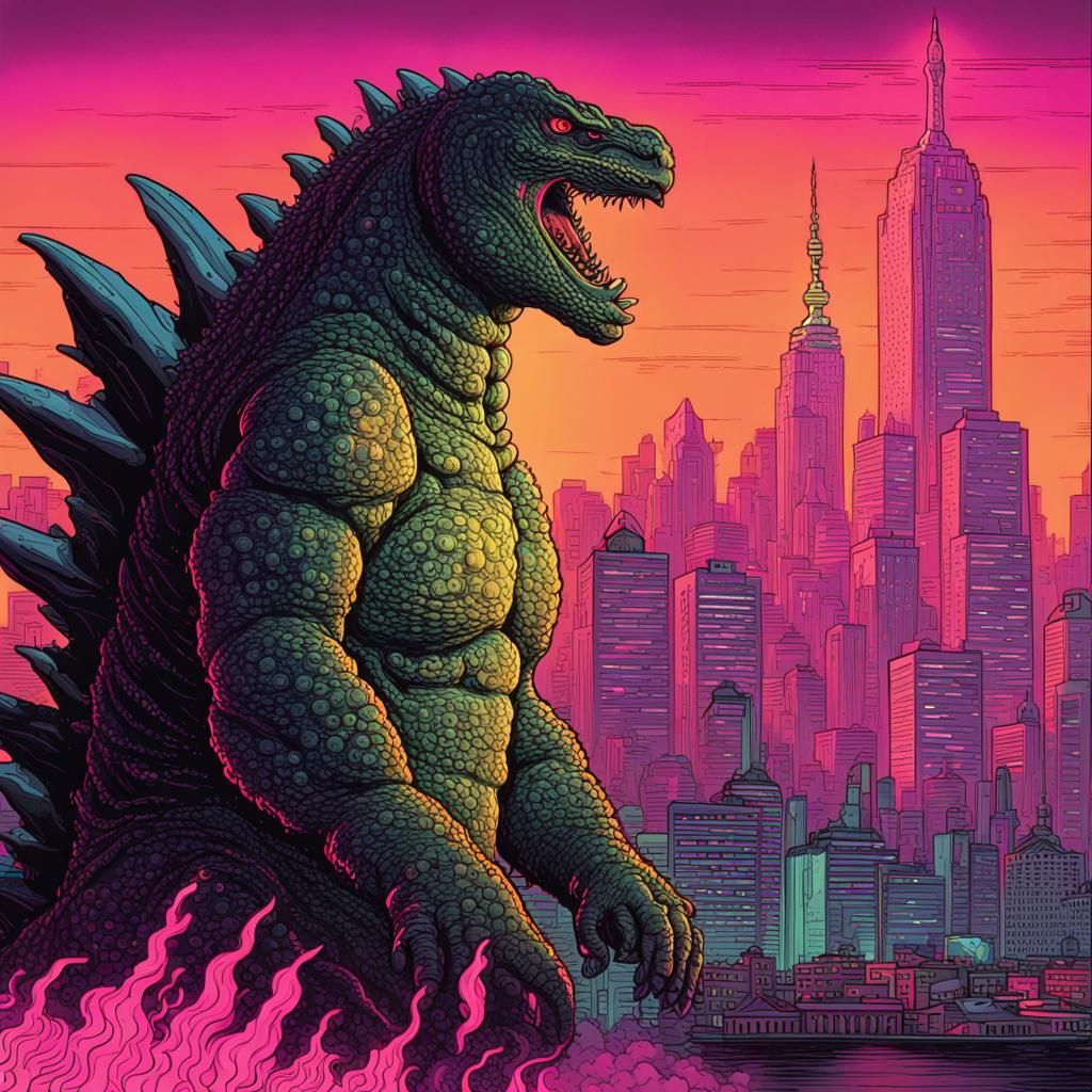 Godzilla Watches City Burn in Synthwave Style