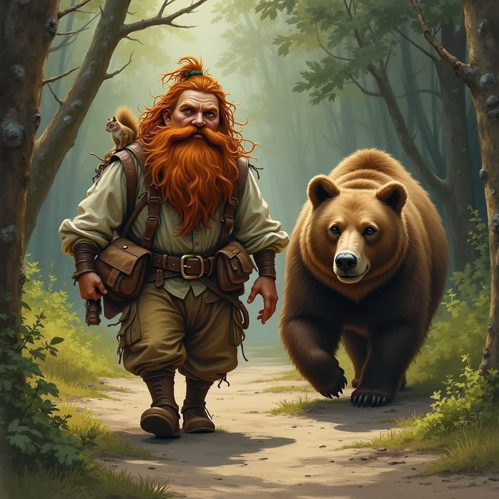 Dwarf Druid and Bear in Forest Clearing Oil Painting