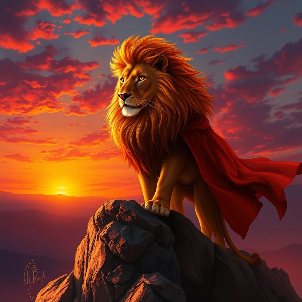 Fiery Lion King on a Rocky Crag