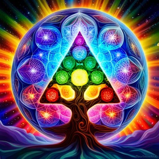 Colorful Chakra Tree with Flower of Life