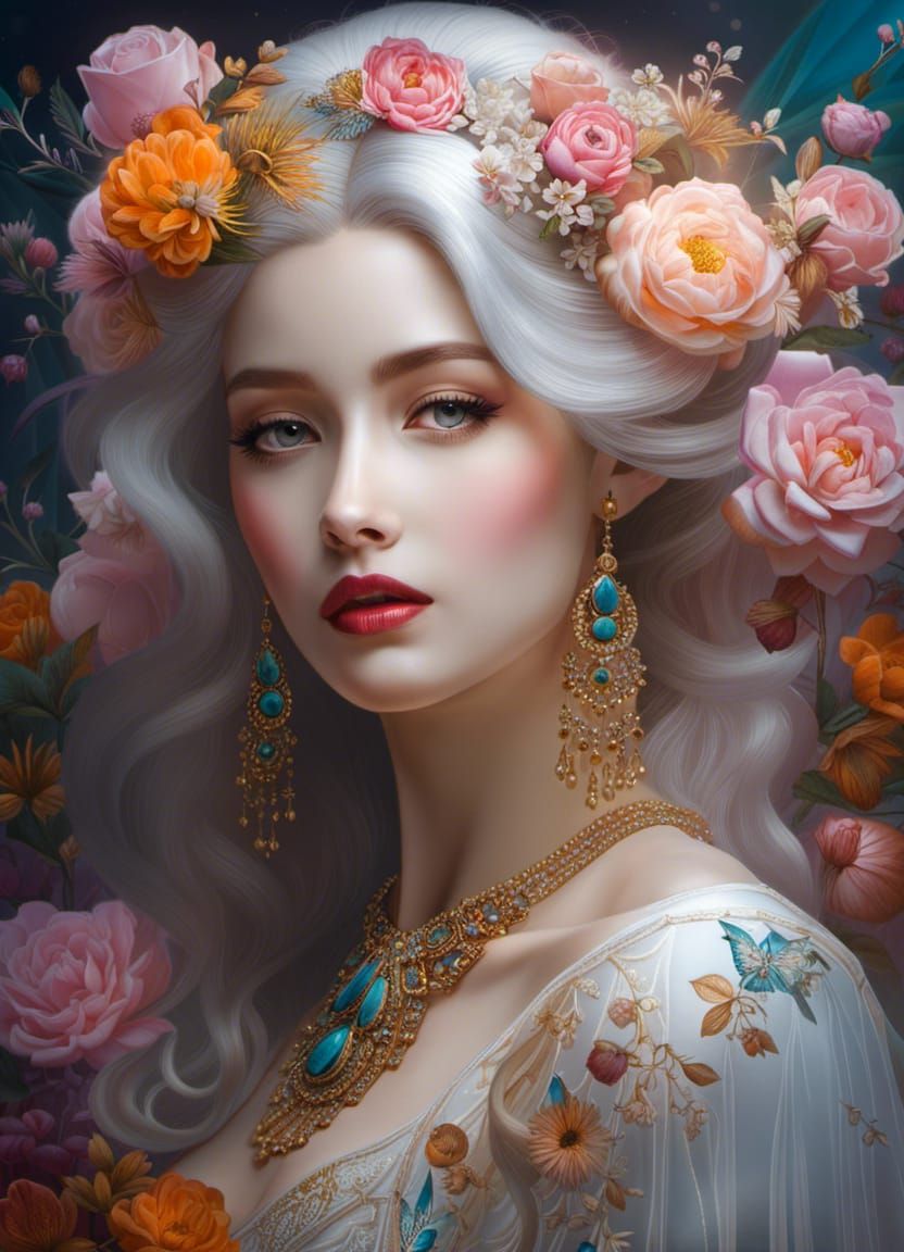 Ethereal Girl in a Ghostly Tutu, Surrounded by Vibrant Flowe...