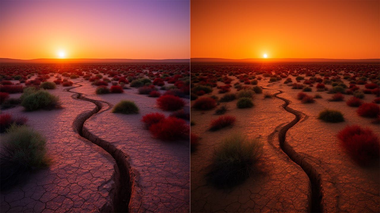 The image presents a captivating scene of a desert landscape...
