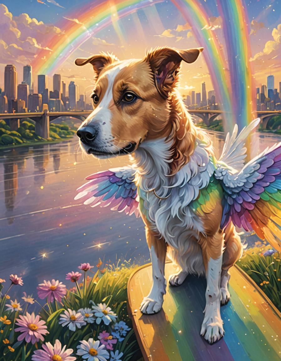 Dog with Angel Wings on Rainbow Bridge