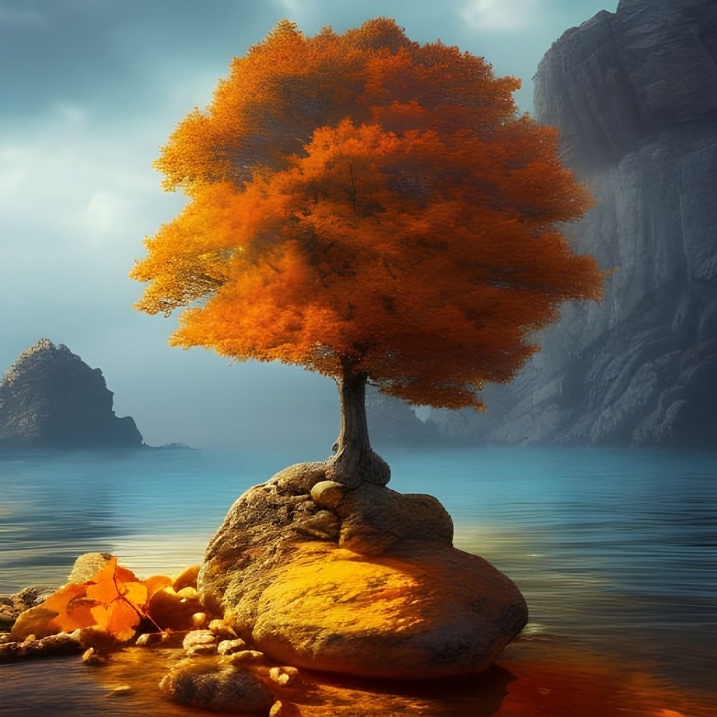 Epic Autumn Tree in the Sea Painting