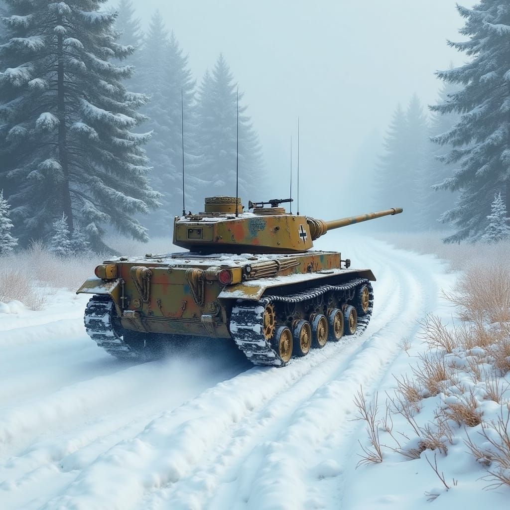 German Tiger Tank in Winter Camouflage Drives Through Snowy ...