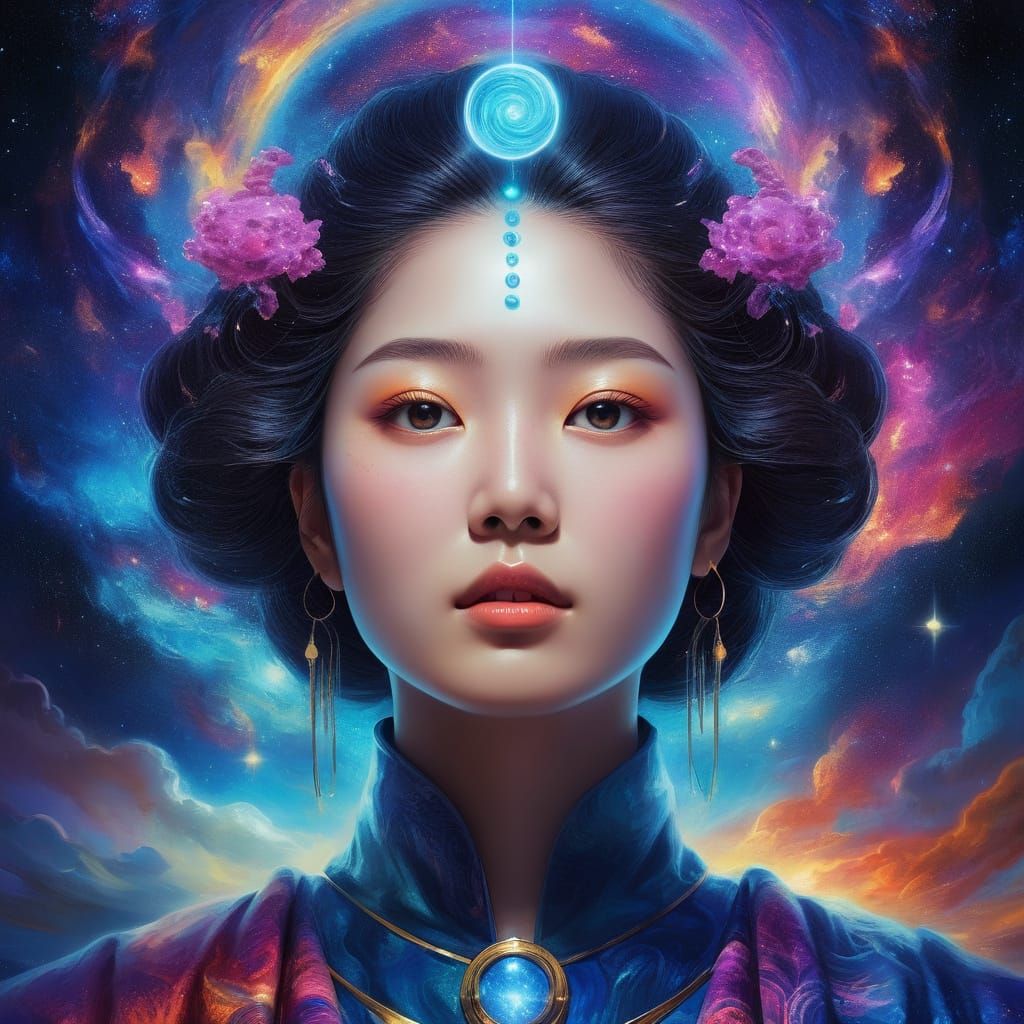 Surreal Cosmic Goddess in Vibrant Galaxy Vortex