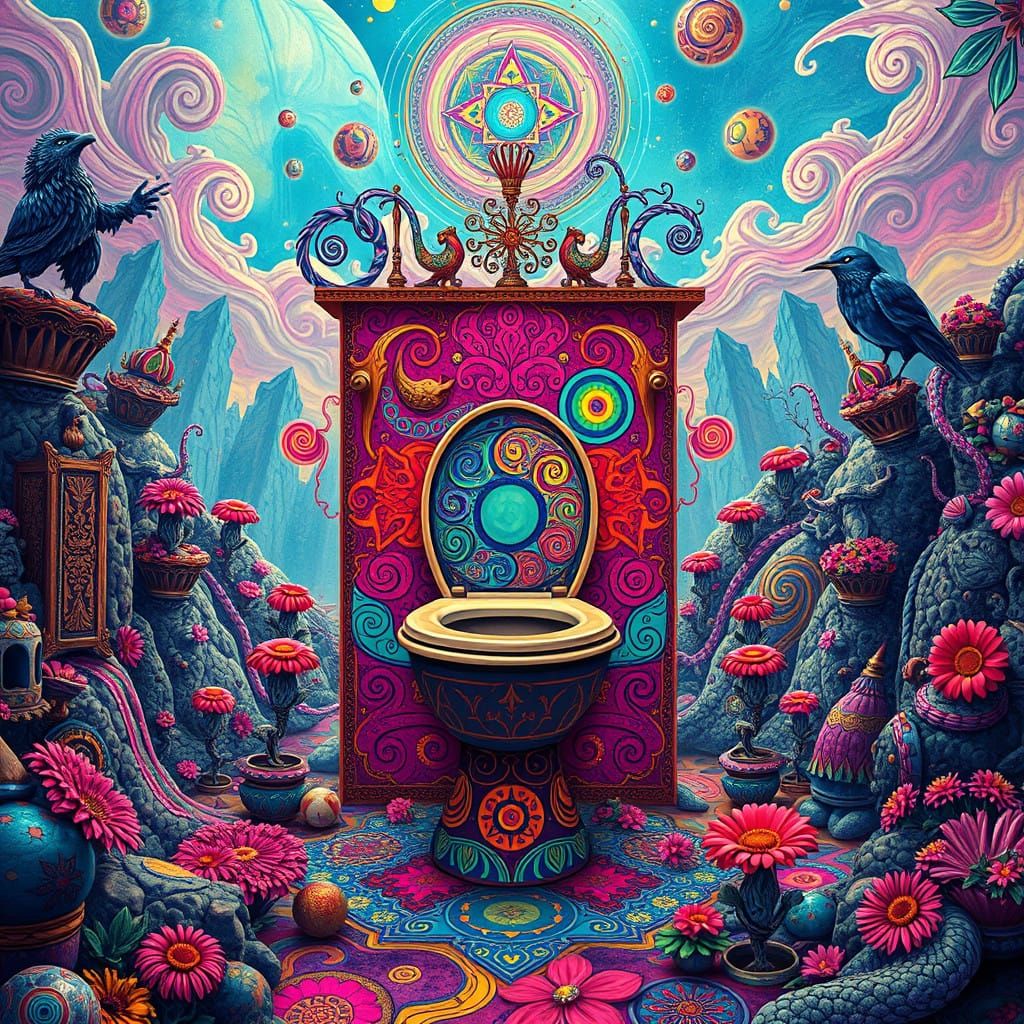 Psychedelic Toilet in Vibrant, Dreamlike Slavic Wonderland