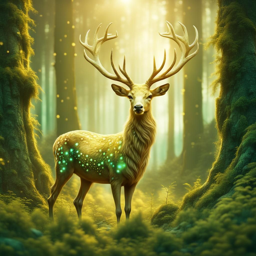 Golden Deer Grazing in Enchanted Forest