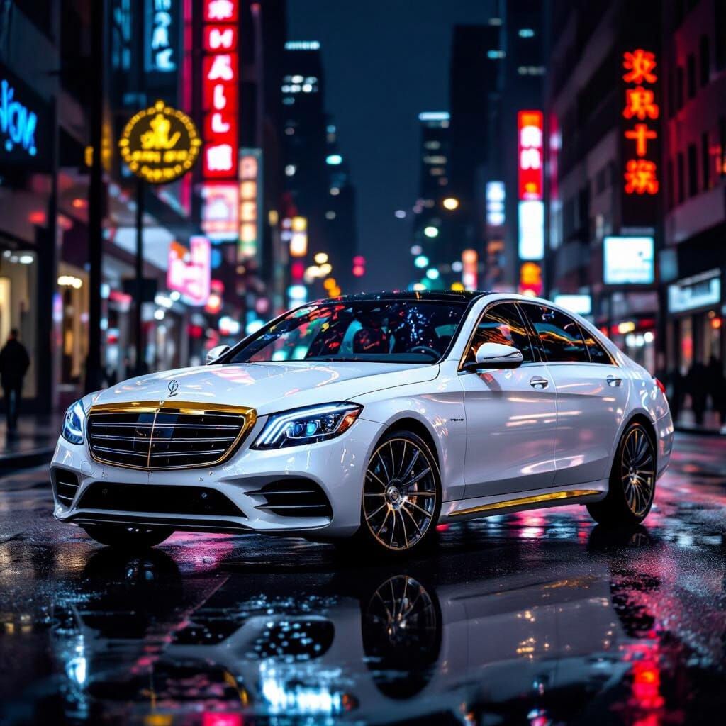 Gleaming White and Gold Mercedes-Benz S-Class at Night