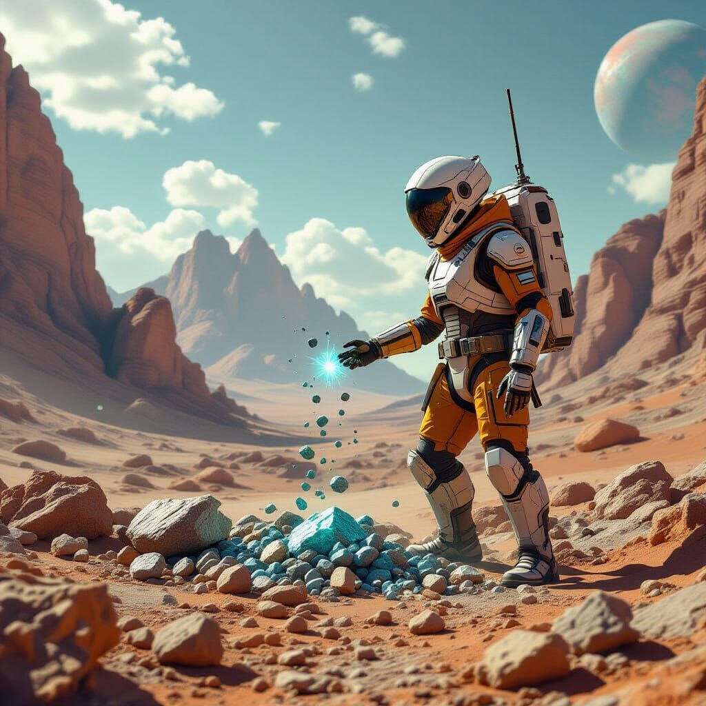 Futuristic Prospector on Alien Planet Gathering Ores