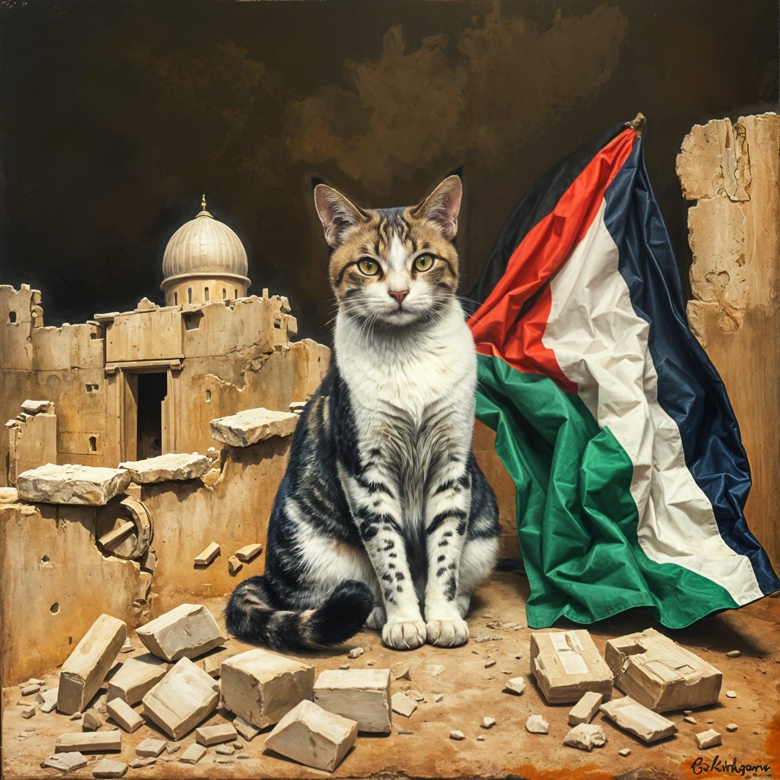 Palestinian Cat Amidst Ruins of War-Torn Homeland