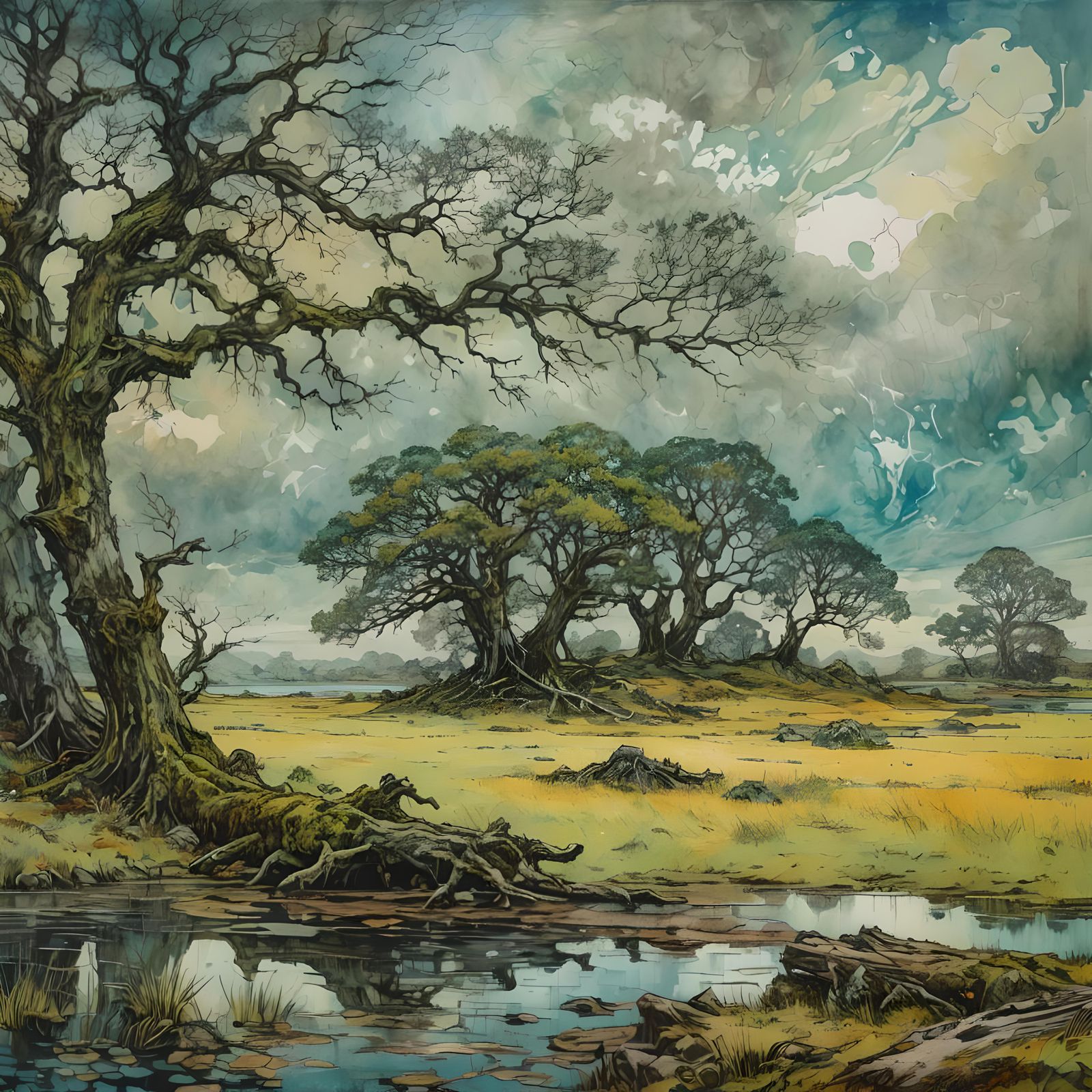 Lake Landscape with Oak Trees in Expressionist Style
