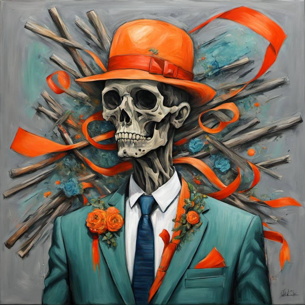 Surreal Tangerine Revolver with Red Ribbon and Moss