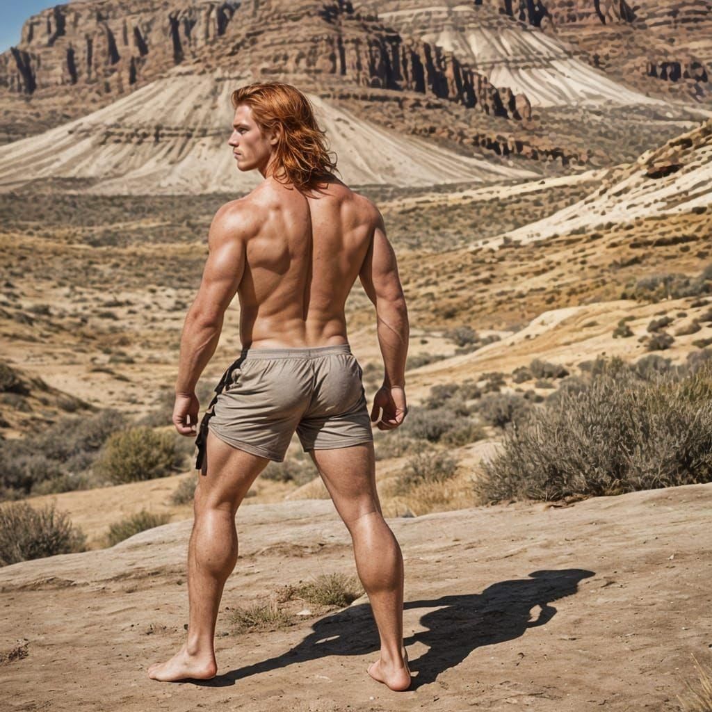 Muscular Man in Warrior Pose on Sunny Plateau