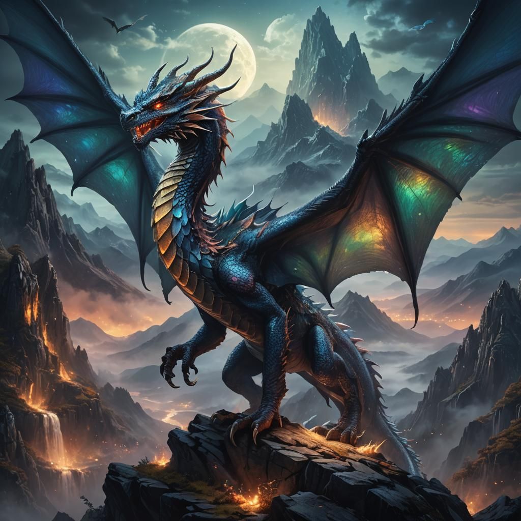 Dragon Wings Spread Wide in Fantasy Landscape