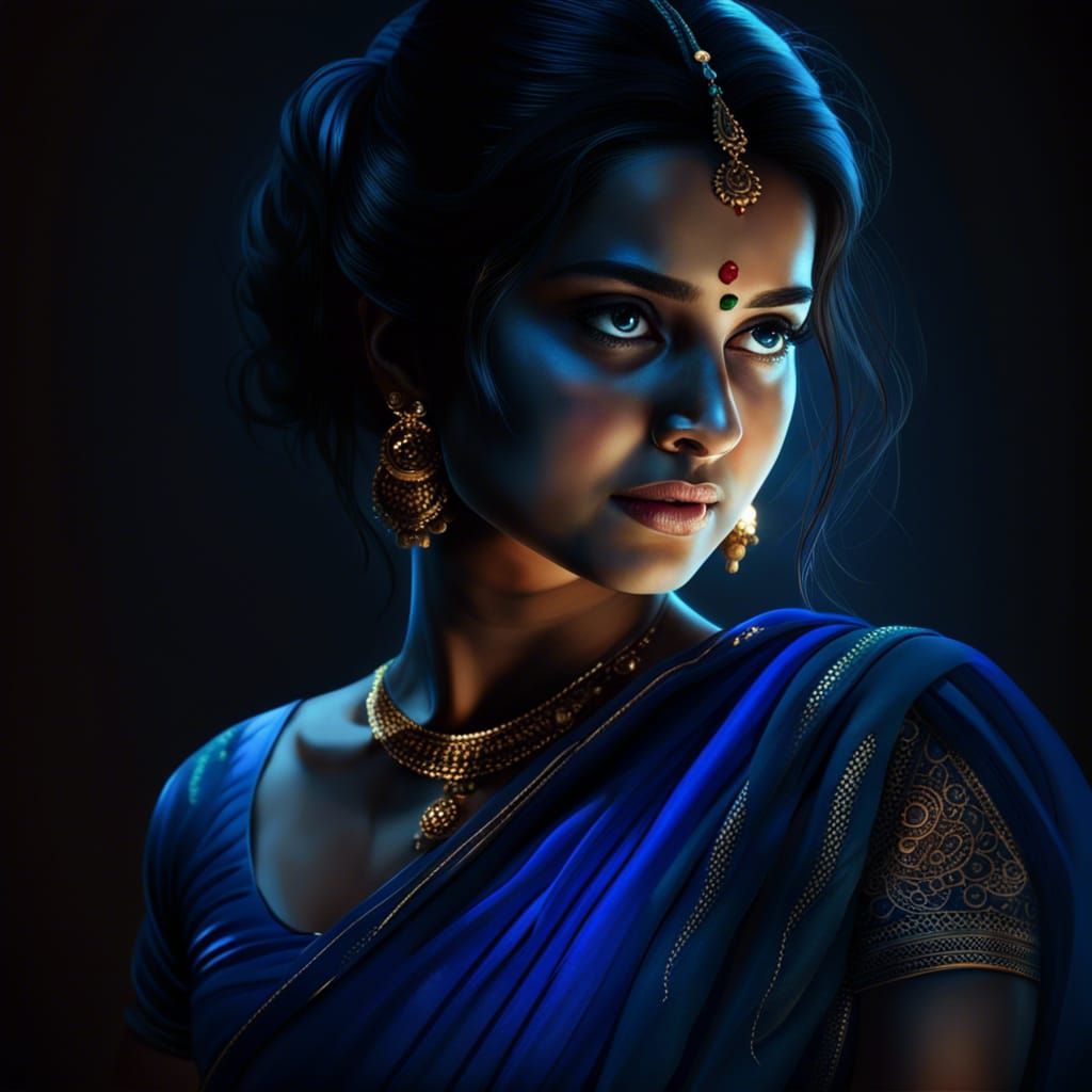 Beautiful Girl in Blue Saree, Realistic 8k