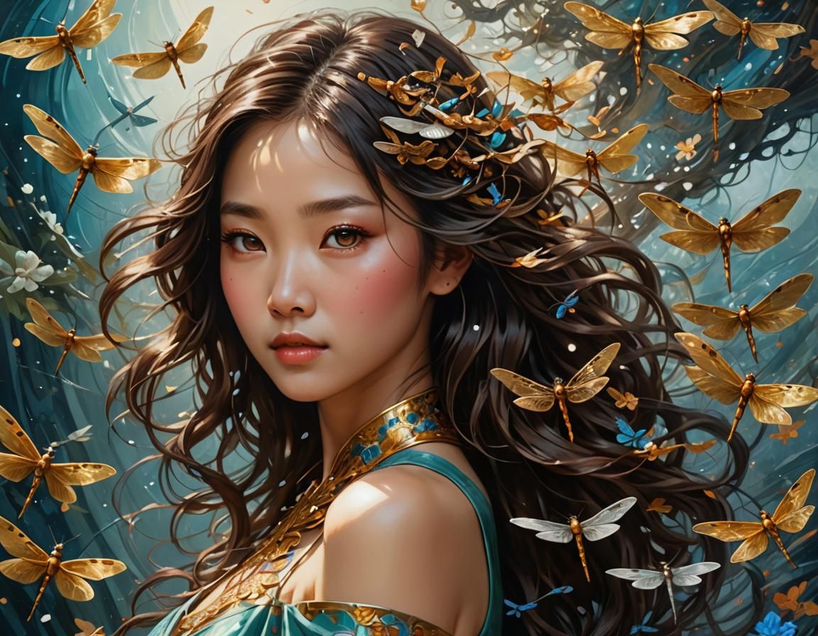 Chinese Woman with Dragonflies, Fantasy Realism