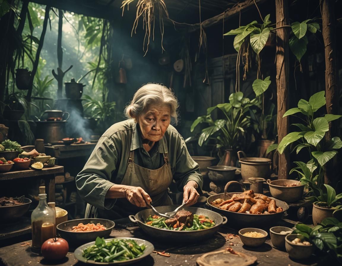 Haunted Jungle: Old Woman's Dinner in Cinematic Style