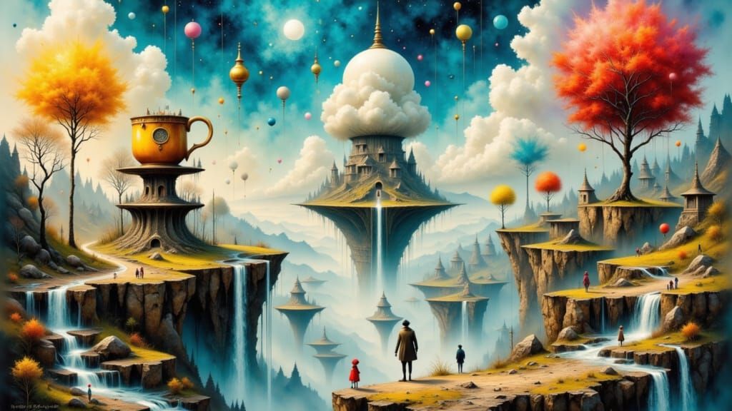 Surreal Floating Islands with Upside-Down Waterfalls