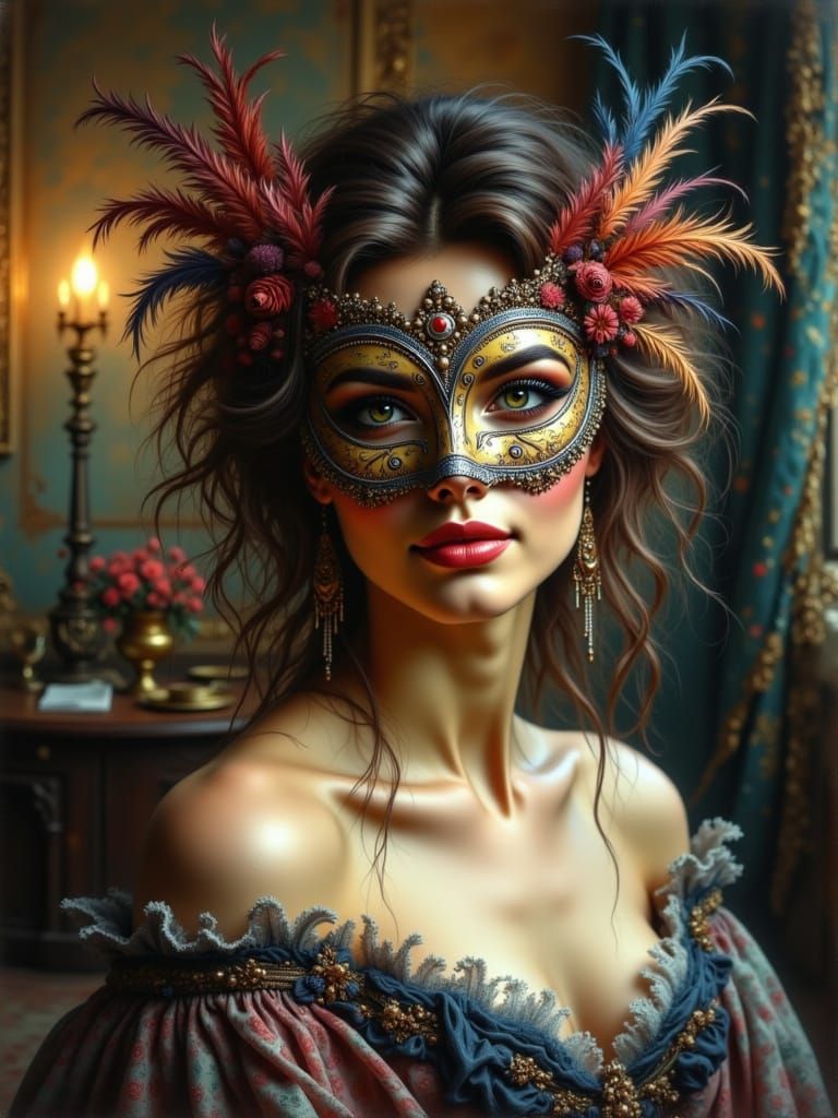 Woman in Ornate Venetian Mask and Gown