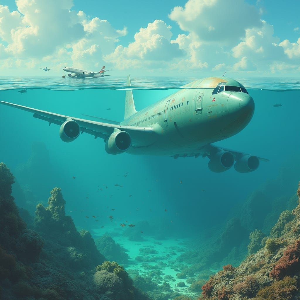 Submerged Airliner in Dystopian Underwater World