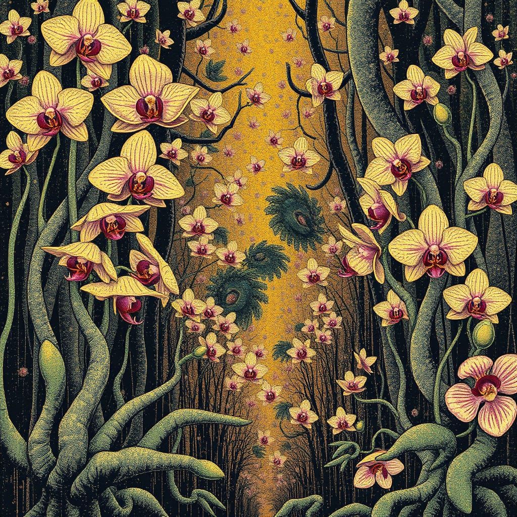 Vibrant Pointillist Explosion in a Gilded Mythical Orchid Gr...