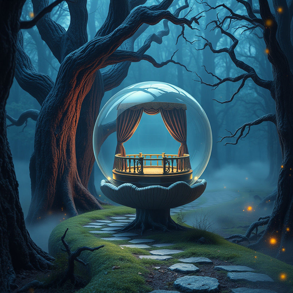 Mystical Stage Inside Glass Ball in Enchanted Forest