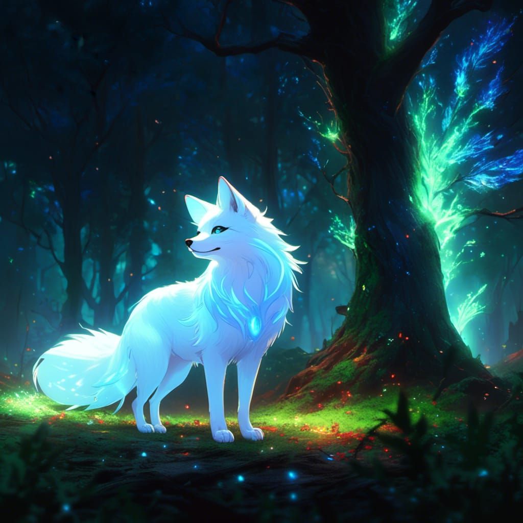 Nine-Tailed Fox with Glowing Aura in Red Forest