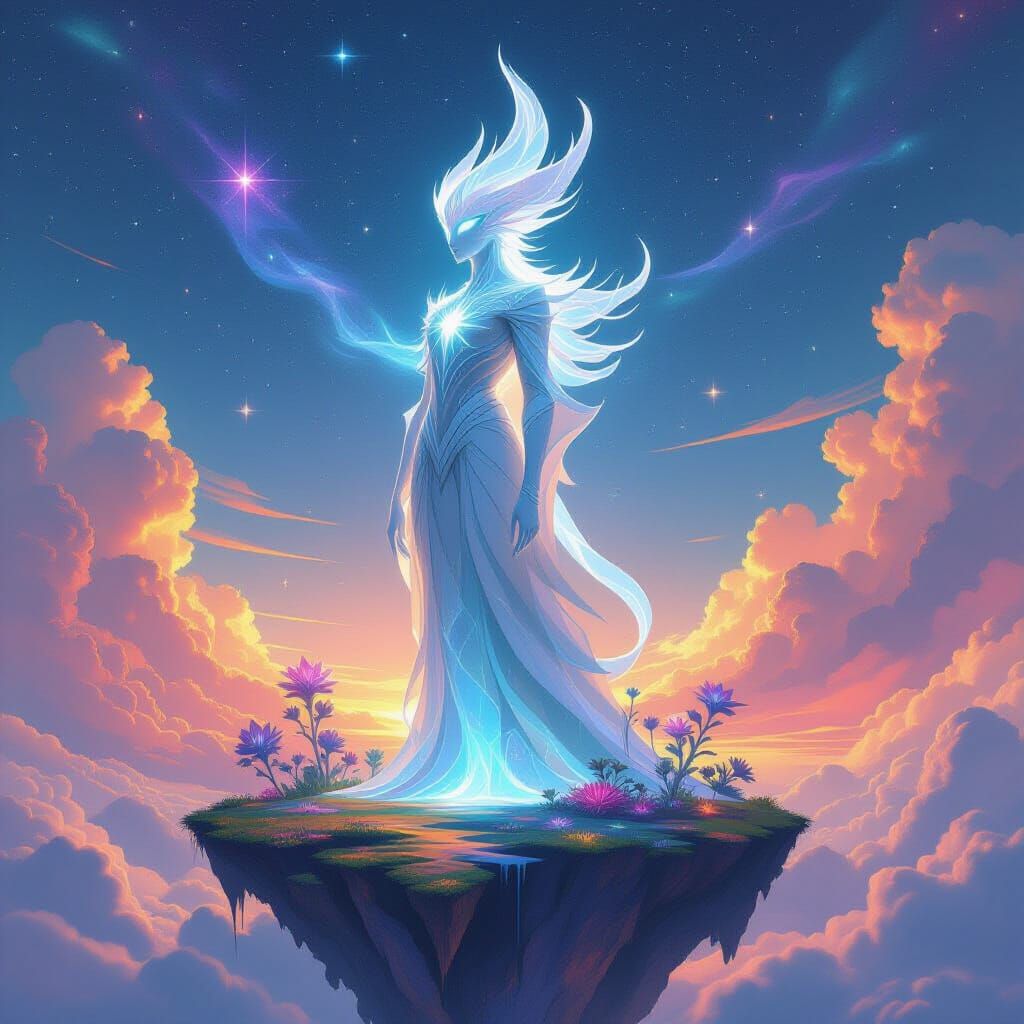 Mythical Starlight Statue on Floating Island in Alien Sky