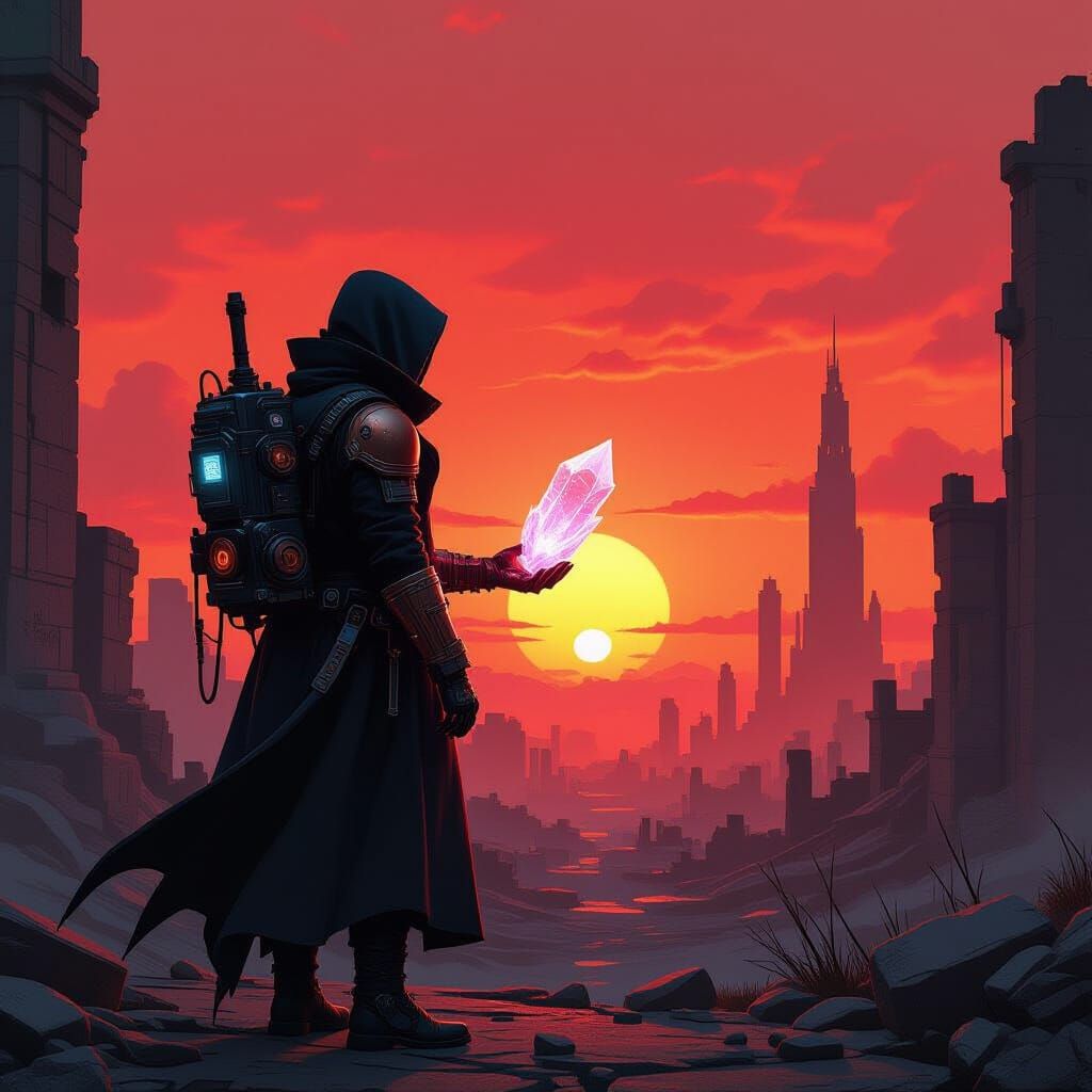 Artificer in Cyberpunk Magitech City at Sunset