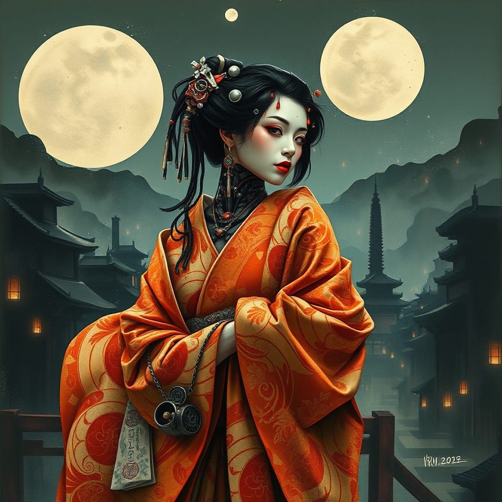 Cyborg Geisha in Cyberpunk Cityscape