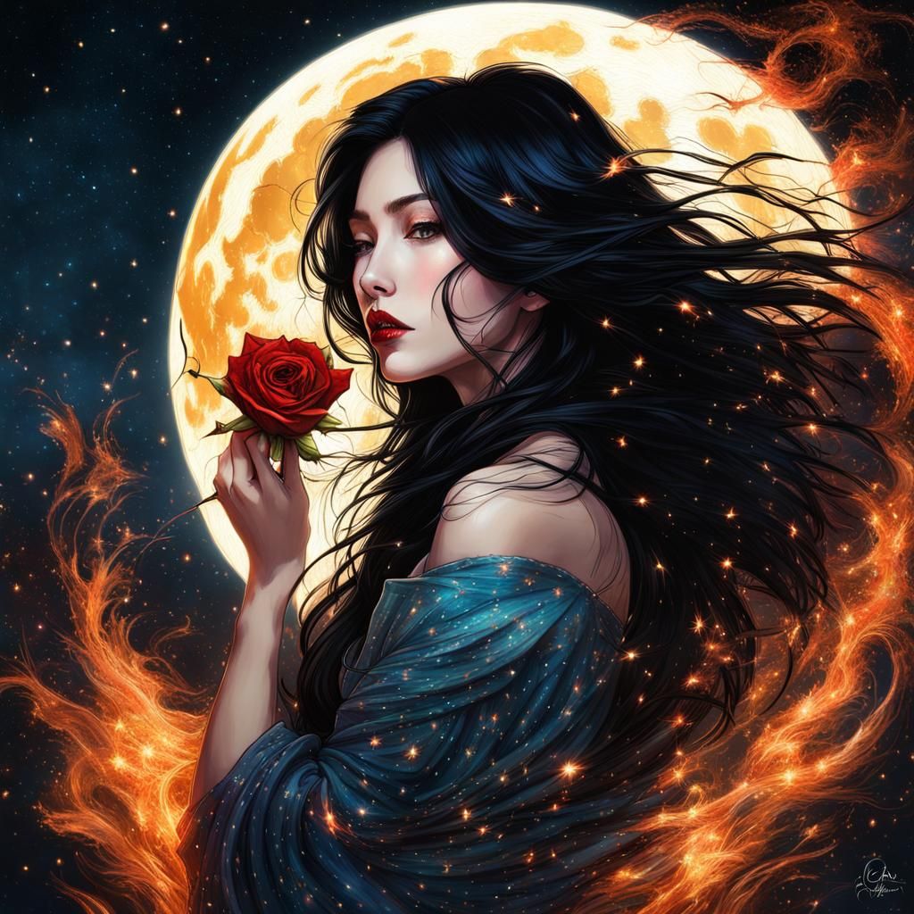 Hyperrealistic Portrait of Woman with Rose and Flames