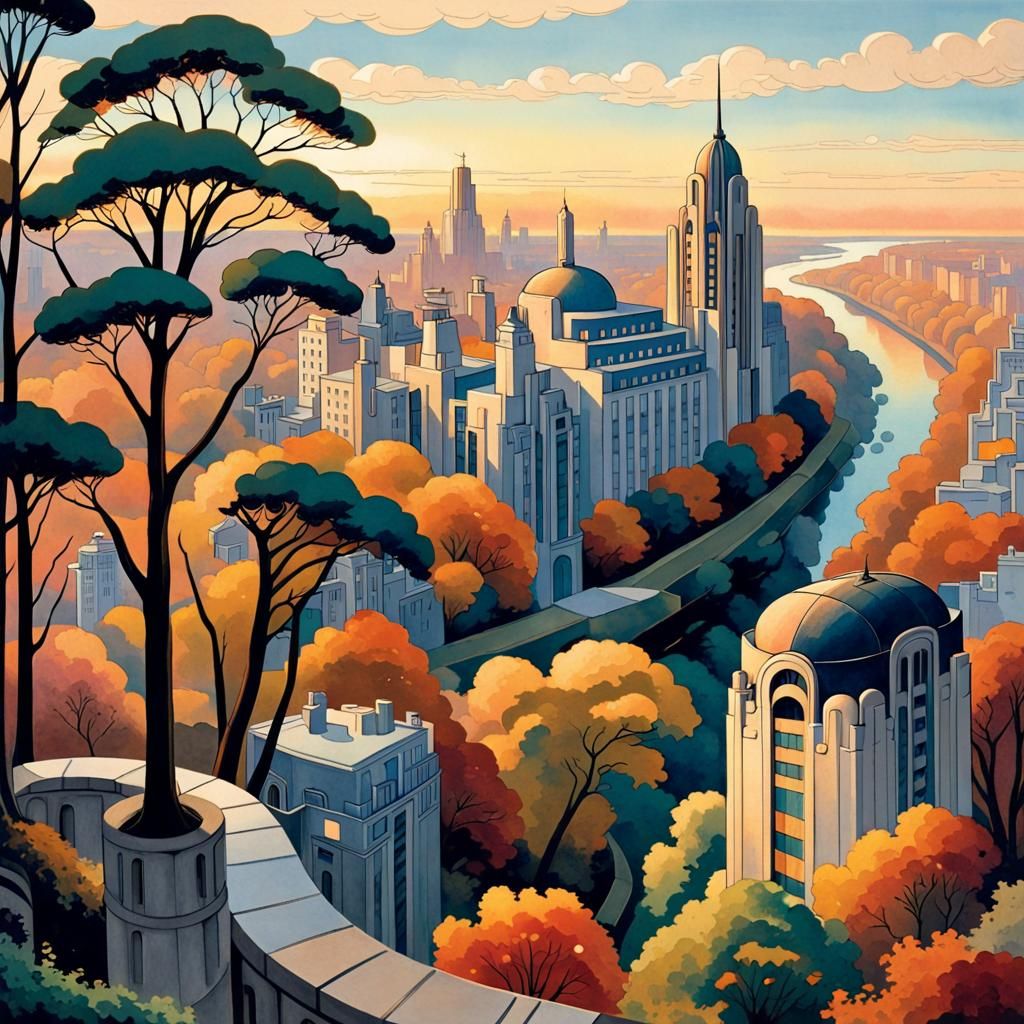 Art deco cityscape in fall, at sunrise
