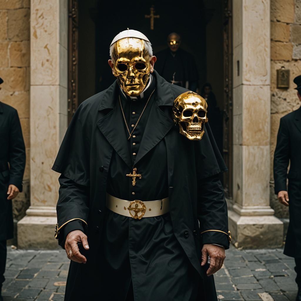 Pope with Golden Skull Mask in Cinematic Style