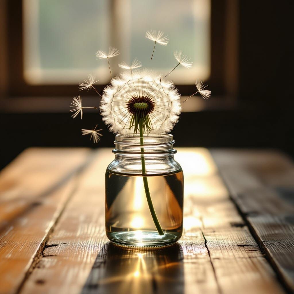 Dandelion flower in a glass jar
