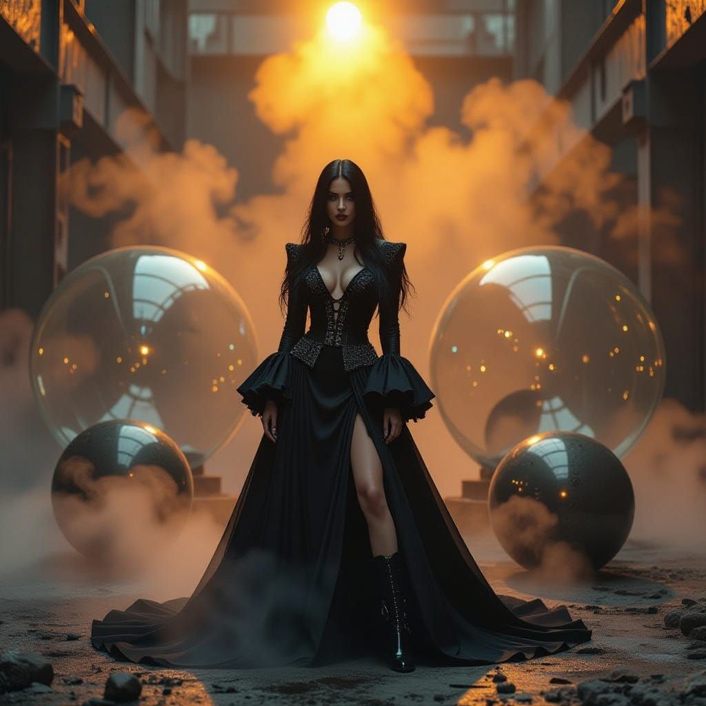 Goth Fashion Model Amidst Neon-Lit Glass Spheres