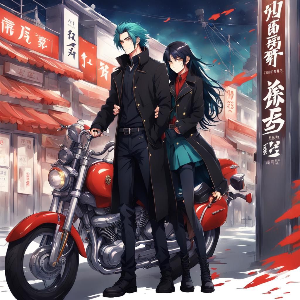 Anime-Style Couple on Motorcycles with Vivid Hair